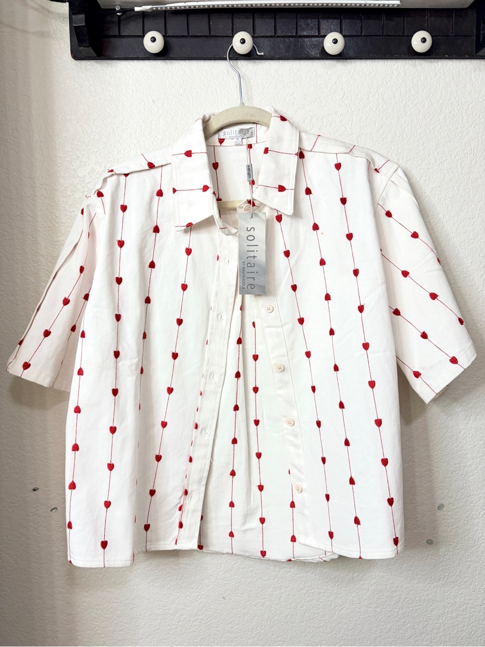 Solitaire White Denim  Jean Jacket / Shirt with Red Heart-Chain Embroidery -NEW